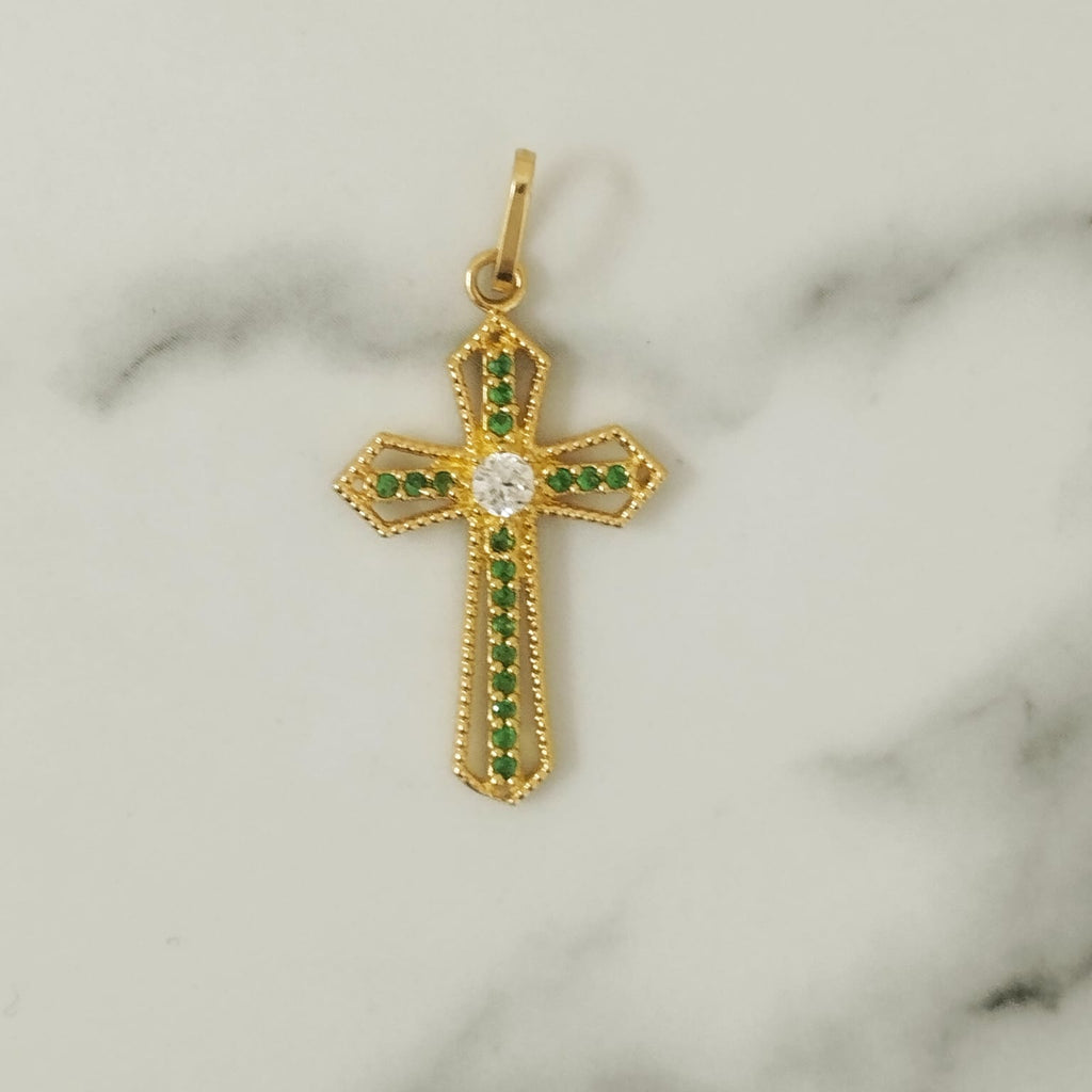 Dije Cruz En Puntas Con Circon Verde y Blanco 3cm /1.25/gr ID: 2644